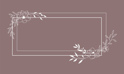 Floral and square hand drawn style. Floral brown frame of twigs, leaves and flowers. Frames for the Valentine's day, wedding decor, logo and identity template.