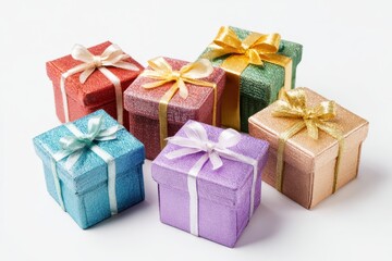 Obraz premium Stack of soft vivid colored gift boxes tied golden bows. Joy, anticipation of receiving presents. Giftboxes heap neat stacked on white backdrop. Gift box set in large pile. Distinctive present boxes