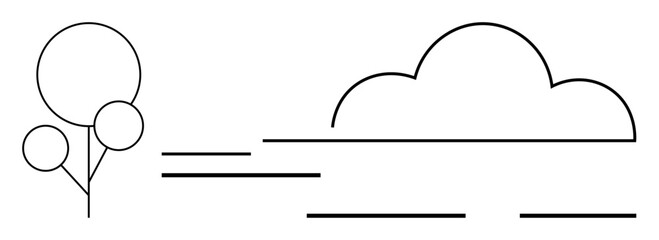 Cloud, three trees, and dynamic motion lines in a minimalist linear style. Ideal for nature, sustainability, simplicity, motion, environmental topics creativity and balance. Simple flat metaphor
