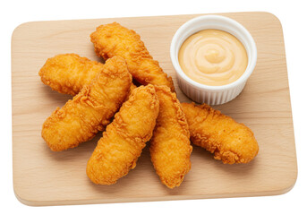 Isolated crispy fried chicken tenders with dipping sauce served on wooden cutting board