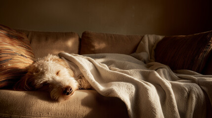 Blanket over sleeping dog. Cute dog sleeping under blanket on cozy sofa in warm natural light, peaceful indoor scene of comfort and relaxation at home