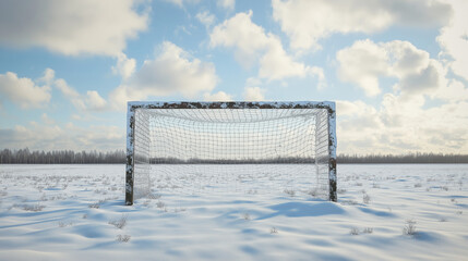 Snow Covered Football Goal. Snow-covered soccer goal on empty field under cloudy blue sky, winter sports landscape with frosty net and untouched white snow