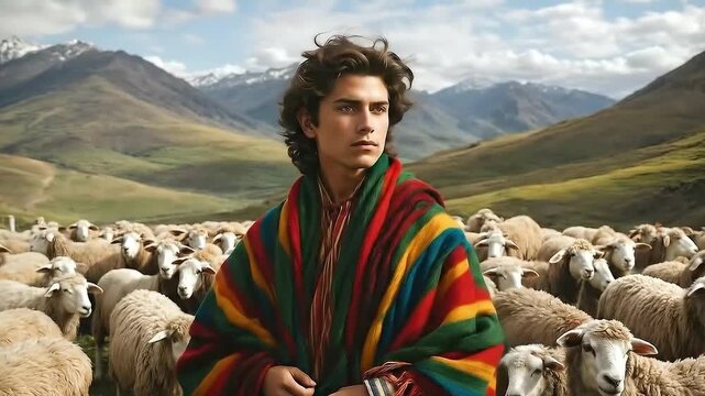 Joseph wearing a coat of many colors with flock of sheep in the background. Bible story concept.