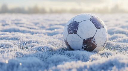 Snow Covered Football Goal. Soccer ball lying on frosty grass field in early winter morning light, cold outdoor sports scene with snow and ice crystals
