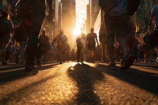 Crowd on Busy Street. Urban Life. Blurred defocused of unrecognized crowd people walking in the city. Anonymous citizens shoppers. Big Data Analysis. Pedestrian crossing the street panoramic view