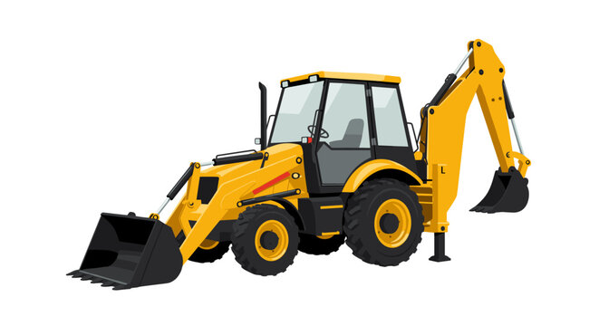 Yellow Backhoe Loader Construction Vehicle Illustration on a White Background