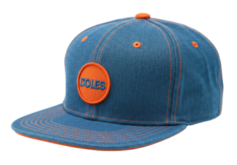 Isolated blue cotton baseball cap with orange trim and logo, fashion accessory for sun protection