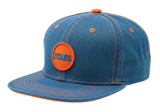 Isolated blue cotton baseball cap with orange trim and logo, fashion accessory for sun protection