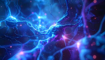 3D cinematic visualization of glowing neural pathways connecting abstract nodes in blue light, symbolizing brain connectivity and biophysics