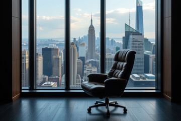 Leather office chair city skyline skyscraper view highrise window modern interior urban panorama