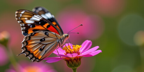 Fototapeta premium Orange and black butterfly on pink daisy flower feeding with blurred garden background, delicate insect close up