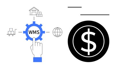 Hand pointing to WMS gear connected to warehouse, packages, globe, and dollar icon. Ideal for logistics, shipping, warehouse management solutions, e-commerce, global trade inventory control simple