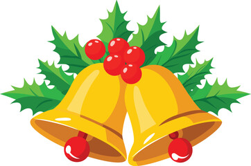 Festive golden christmas bells with holly berries vector illustration for holiday design