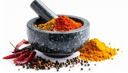 A marble mortar and pestle filled with colorful spices—turmeric, chili, pepper, and herbs—symbolizing the art of blending natural ingredients for rich aroma, authentic taste, and culinary mastery.
