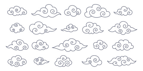 Set of outlines of Asian clouds. Minimalistic Chinese and Japanese linear clouds for patterns, print and digital design.