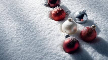 Christmas ornaments in red, white, and silver lying on fresh snow in soft natural light, festive winter holiday decoration scene