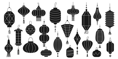 Silhouettes of Chinese paper lanterns. Asian traditional holiday lanterns. Vector illustration.