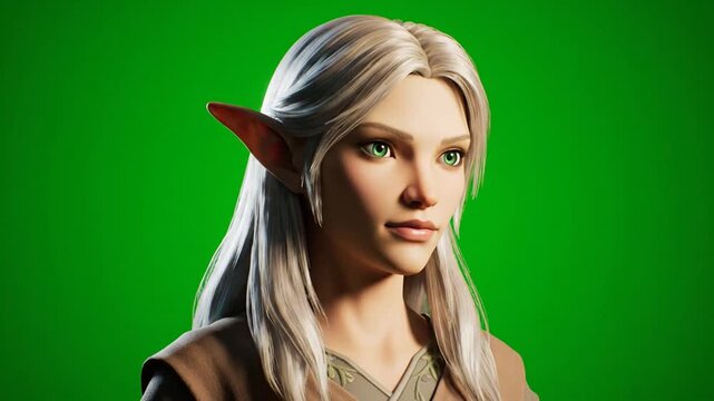3D Render of a Female Elf Character with Long Blonde Hair and Green Eyes on a Green Screen.