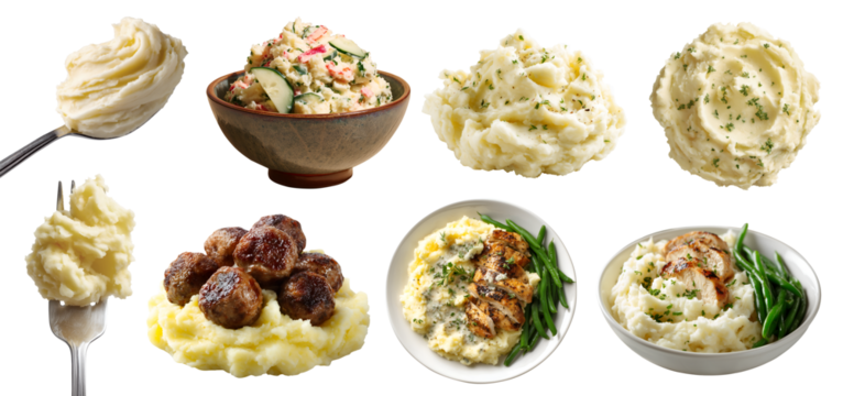 Set of mash mashed potato creamy fluffy potatoes, bowl fork spoon, with meatball chicken beans vegetable garnish toppings, salad, on transparent cutout PNG. Many different style. Mockup for design	
