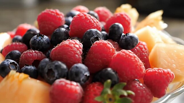 Vibrant mix of raspberries, blueberries, and cantaloupe create a colorful, fresh dish