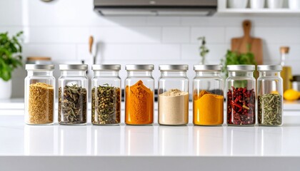 A neat row of spice jars in a modern kitchen&mdash;filled with turmeric, herbs, chili, and seasonings&mdash;showcasing freshness, organization, and the vibrant essence of culinary creativity and home cooking.