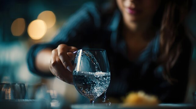 A person s hand elegantly pours clear water into a wine glass at a dimly lit dining table creating a refined atmosphere
