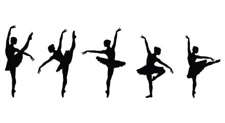 Three elegant female ballet dancers in dynamic poses captured as striking black silhouettes against a white background silhouette © AL-AMIN