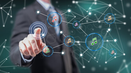 Man touching a music sharing network