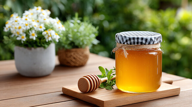 A jar of golden honey with a wooden dipper, set against a backdrop of fresh greenery and flowers, perfect for a healthy lifestyle.
