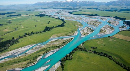 Aerial view of a turquoise river meandering through vibrant green farmland with snowy mountains