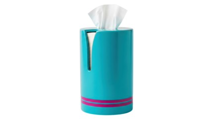 Isolated cyan dispenser containing facial tissue, pink stripe detail, clean and practical