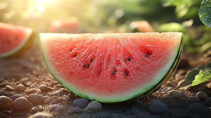 A juicy watermelon slice glistens under the sunlight, showcasing vibrant pink flesh and black seeds, perfect for summer refreshment.