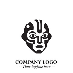 Head of Robot Logo Symbol in Black on the White Background Futuristic Minimalist Illustration