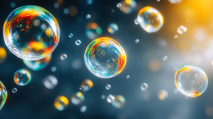 A mesmerizing close-up of colorful soap bubbles floating in the air, creating a whimsical and dreamy ambiance.