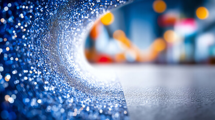 A mesmerizing close-up view of a sparkling wave, reflecting beautiful bokeh lights, creating a stunning and vibrant atmosphere.