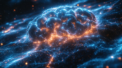 A mesmerizing digital representation of a brain illuminated by vibrant, glowing networks of blue and orange connected neurons.