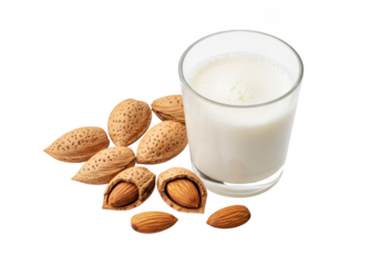 Glass of almond milk with almonds isolated on transparent background, healthy drink