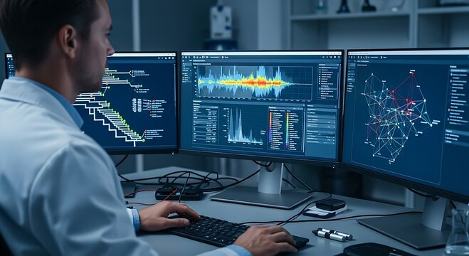 Scientist Analyzing Complex Research Data on Multi-Monitor Workstation in Lab