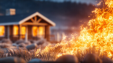 A mesmerizing view of a firelight illuminating a cozy house, creating a warm ambiance in a tranquil setting at dusk.