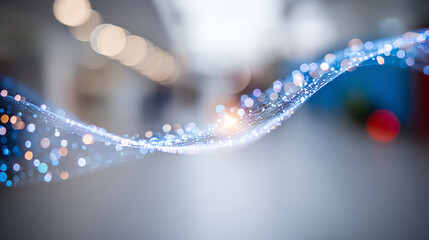 A mesmerizing wave of bright particles glimmers in a blurred background, embodying the essence of innovation and digital creativity.
