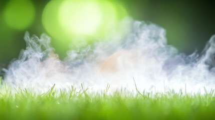 A misty view over lush green grass with soft lighting, creating a serene and tranquil atmosphere.