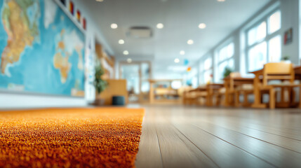 A modern classroom interior with wooden furnishings, a vibrant carpet, and a world map on the wall, inviting a welcoming learning space.