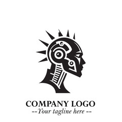 Head of Robot Logo Symbol in Black on the White Background Futuristic Minimalist Illustration