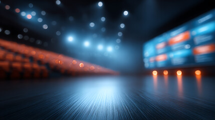 A modern conference hall with bright lights, showcasing a sleek wooden floor and a large digital screen for presentations.