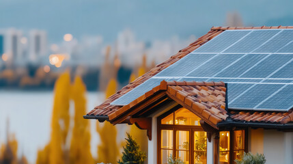 A modern home with solar panels on the roof, surrounded by autumn colors and city skyline in the background, showcasing sustainable living.