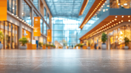 A modern shopping mall interior showcasing vibrant colors and large windows that enhance the spacious and welcoming environment.