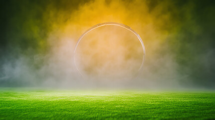 A mystical landscape featuring a green field and an ethereal light source, creating a serene and tranquil atmosphere.