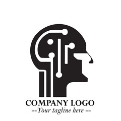 Head of Robot Logo Symbol in Black on the White Background Futuristic Minimalist Illustration