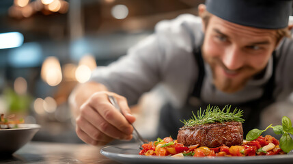 A passionate chef carefully plating a gourmet dish with vibrant ingredients, showcasing culinary artistry and dedication to flavor.