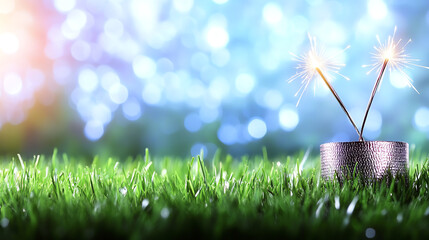 A pair of sparklers shines brightly in a grassy field, creating a festive atmosphere perfect for celebrations and joyful gatherings.